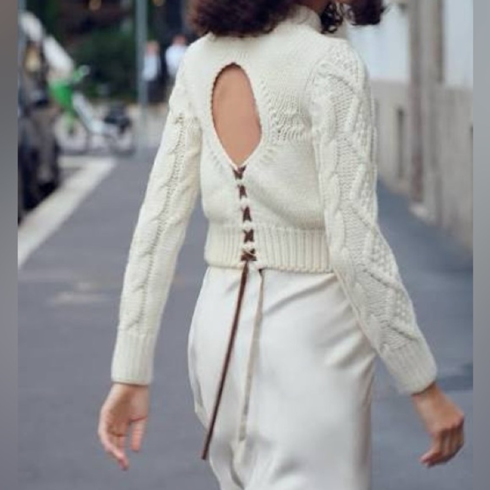 Zara NEVER WORN Cream Cable Knit Sweater with Open Back